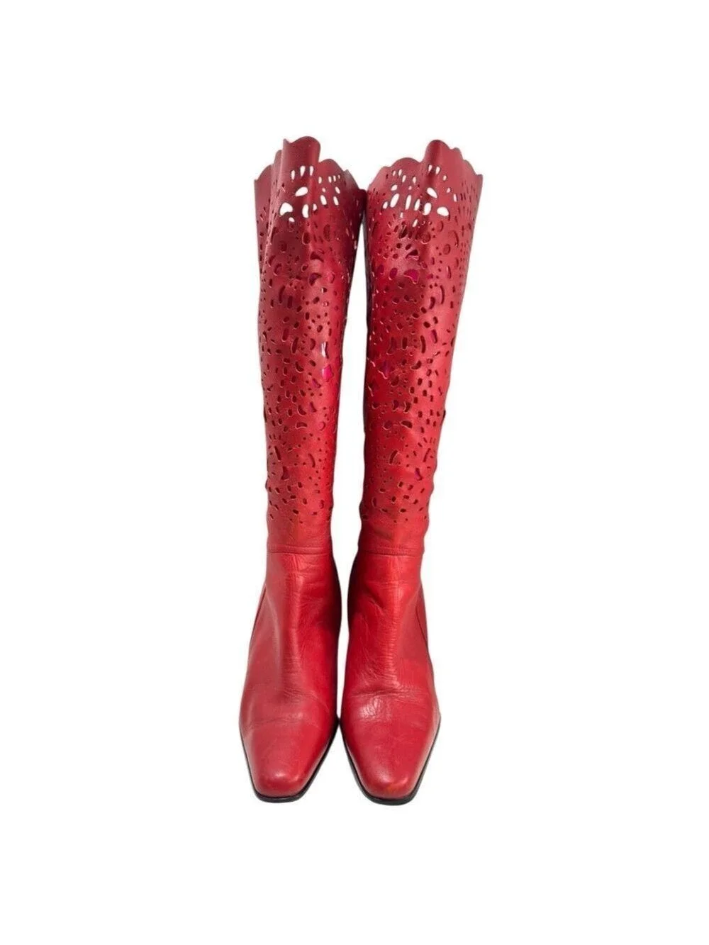 Bellini Boho Red Laser-Cut Scalloped Leather Knee High Boots Womens Sz 8.5M